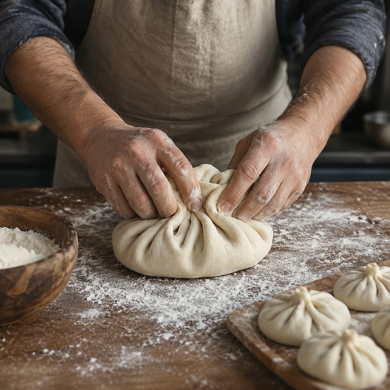 Manos preparando khinkali artesanal